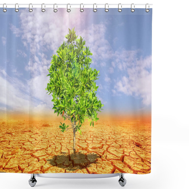 Personality  A Solitary Green Tree Stands Resilient In A Dry, Cracked Desert Landscape Under A Bright Sun And Blue Sky. Shower Curtains