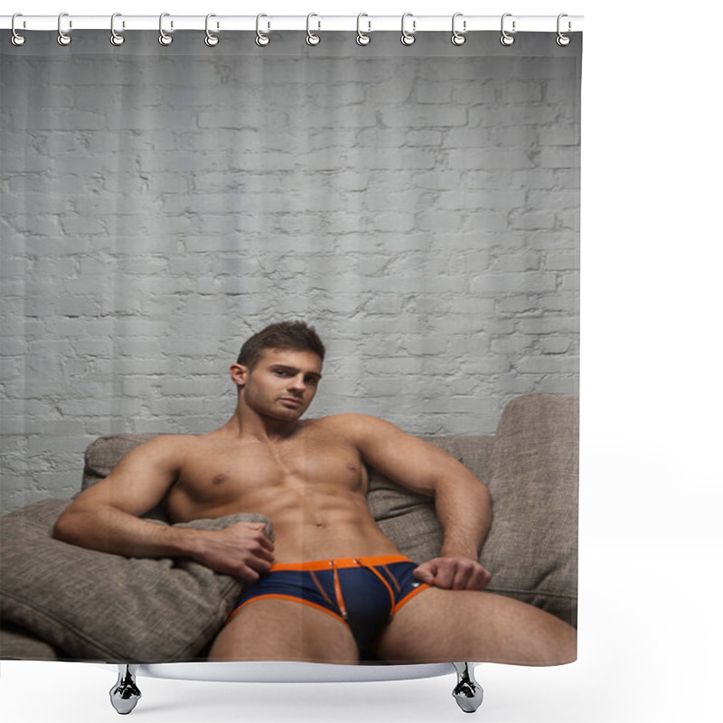 Personality  Naked Man On Sofa On White Wall Background Shower Curtains