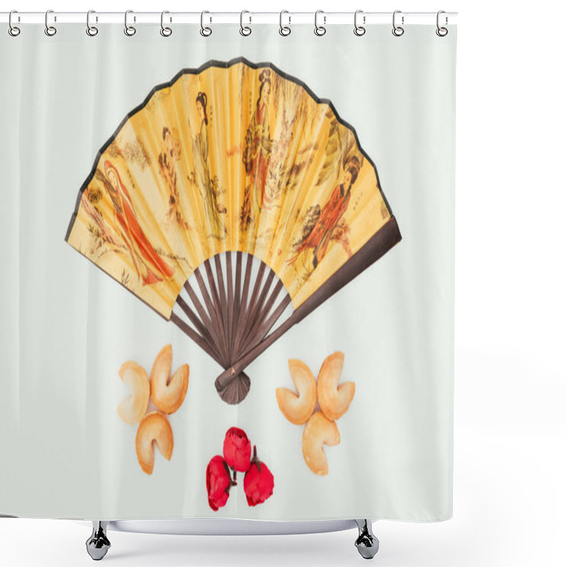 Personality  Top View Of Traditional Chinese Handheld Fan With Flowers And Fortune Cookies Isolated On White Shower Curtains