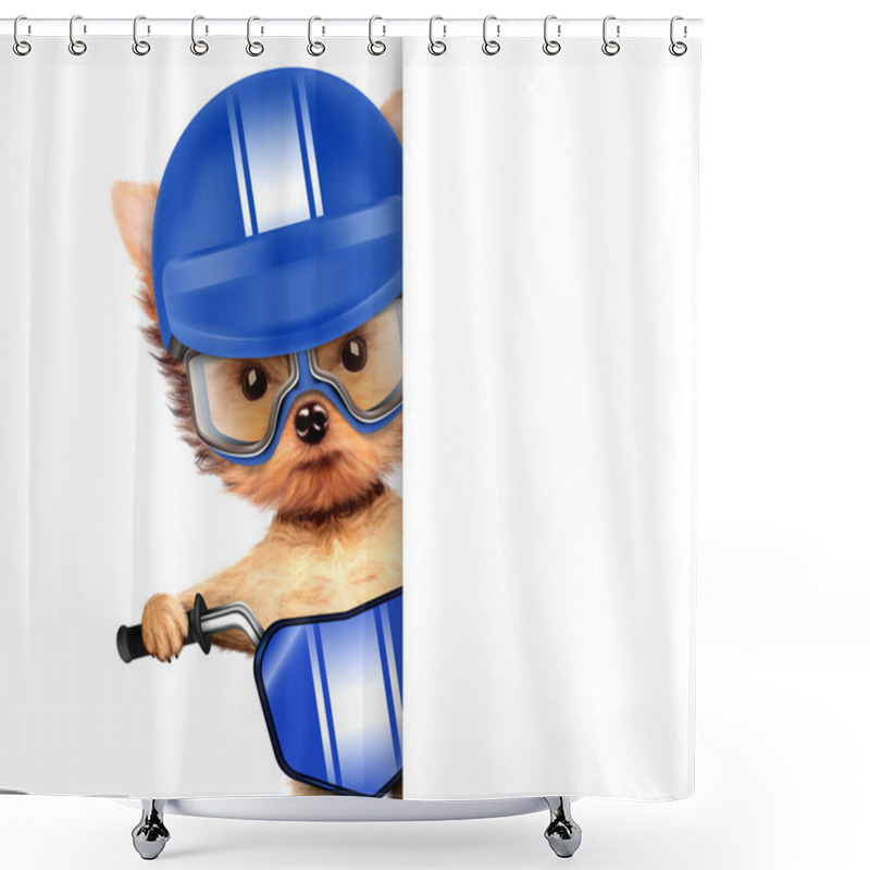 Personality  Adorable Puppy Sitting On A Bike With Helmet Shower Curtains