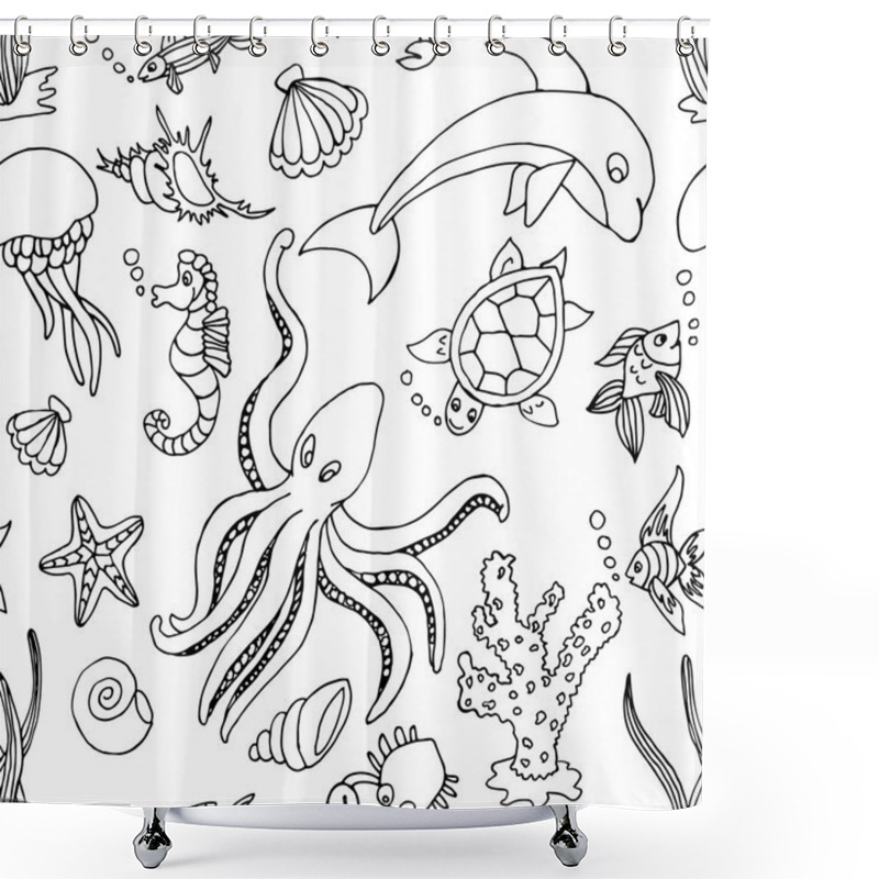 Personality  Hand Drawn Seamless Pattern With Different Sea Creatures Shower Curtains