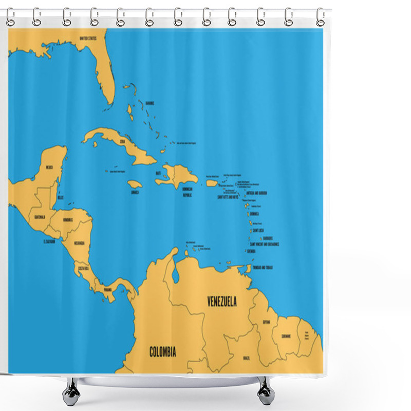 Personality  Central America And Carribean States Political Map. Yellow Land With Black Country Names Labels On Blue Sea Background. Simple Flat Vector Illustration Shower Curtains