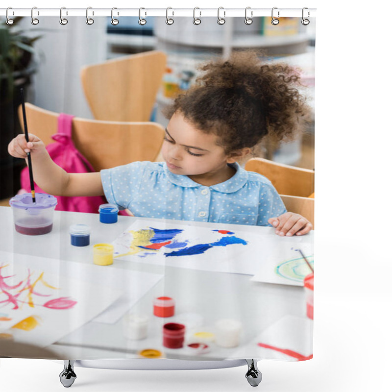 Personality  Selective Focus Of African American Child Holding Paintbrush Near Paper With Drawing  Shower Curtains