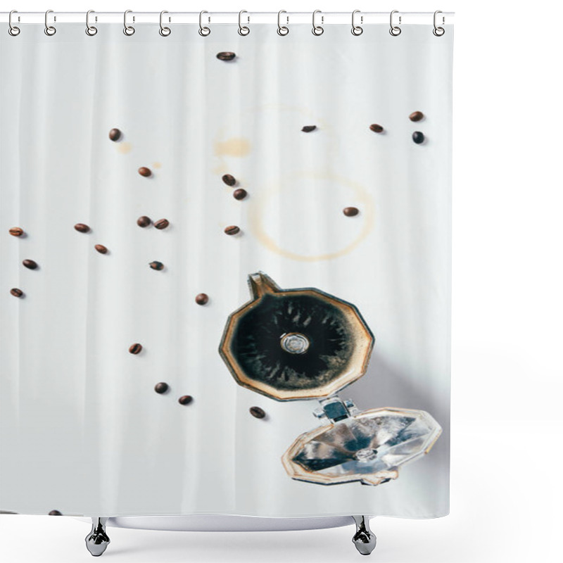 Personality  Top View Of Mocha Pot On Messy White Surface Shower Curtains