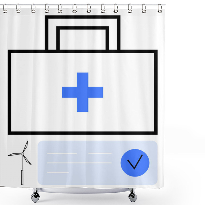 Personality  Medical Kit With Blue Cross, Wind Turbine, And Check Mark On Document. Ideal For Healthcare, Sustainability, Environmental Awareness, Eco-friendly Initiatives, Medical Services, Renewable Energy Shower Curtains