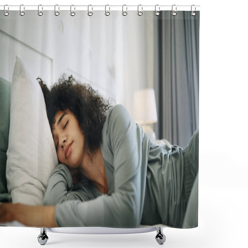 Personality  Woman, Tired And Sleeping On Bed In Bedroom With Fatigue And Burnout, Dream And Relax For Stress Relief. Exhausted, Person And Girl In House Or Home Lying On Pillow In Apartment For Wellness And Calm. Shower Curtains