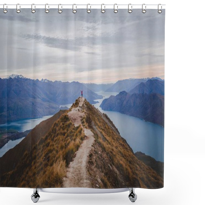 Personality  Panoramic View Of The Roys Peak In New Zealand With Low Mountains In The Distance Under Cloudscape Shower Curtains