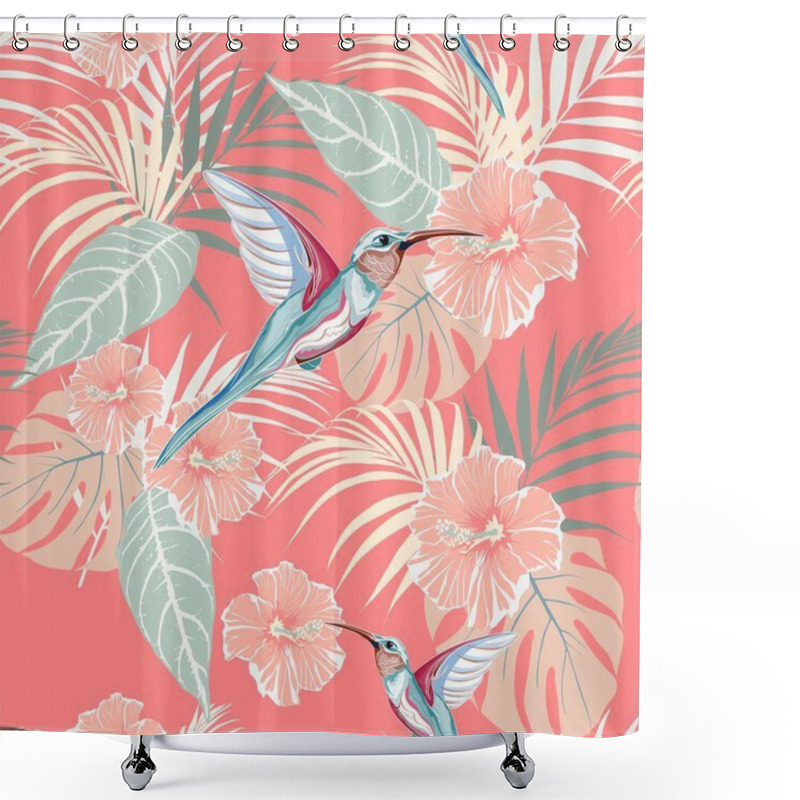 Personality  Seamless Vector Pattern With Flying Hummingbirds And Tropical Flowers And Leaves Shower Curtains