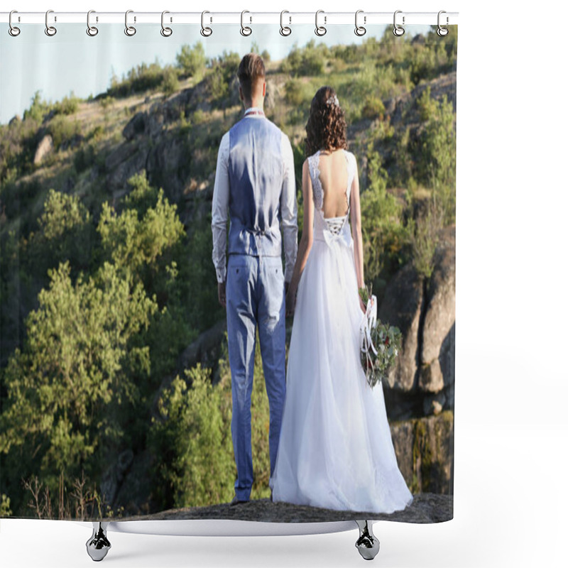 Personality  Bride And Groom Over Beautiful Landscape Shower Curtains