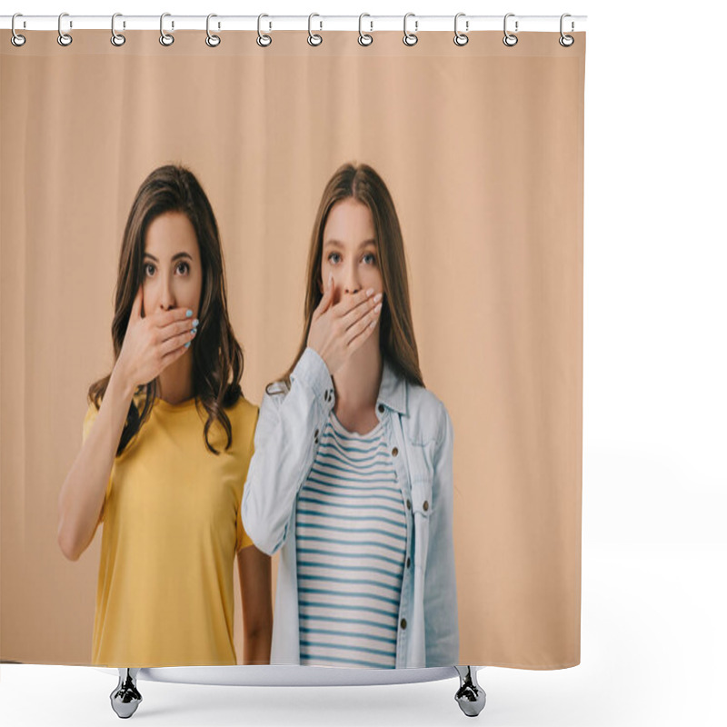 Personality  Attractive Friends Obscuring Faces Looking At Camera Isolated On Beige Shower Curtains