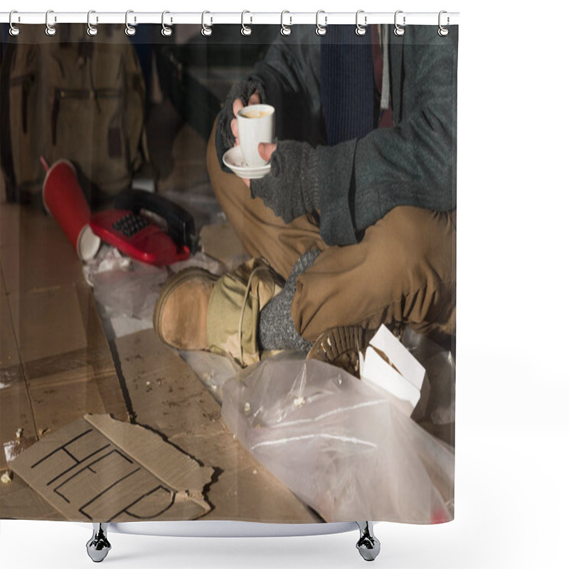 Personality  Cropped View Of Homeless Man Holding Coffee Cup While Sitting Surrounded By Rubbish Shower Curtains