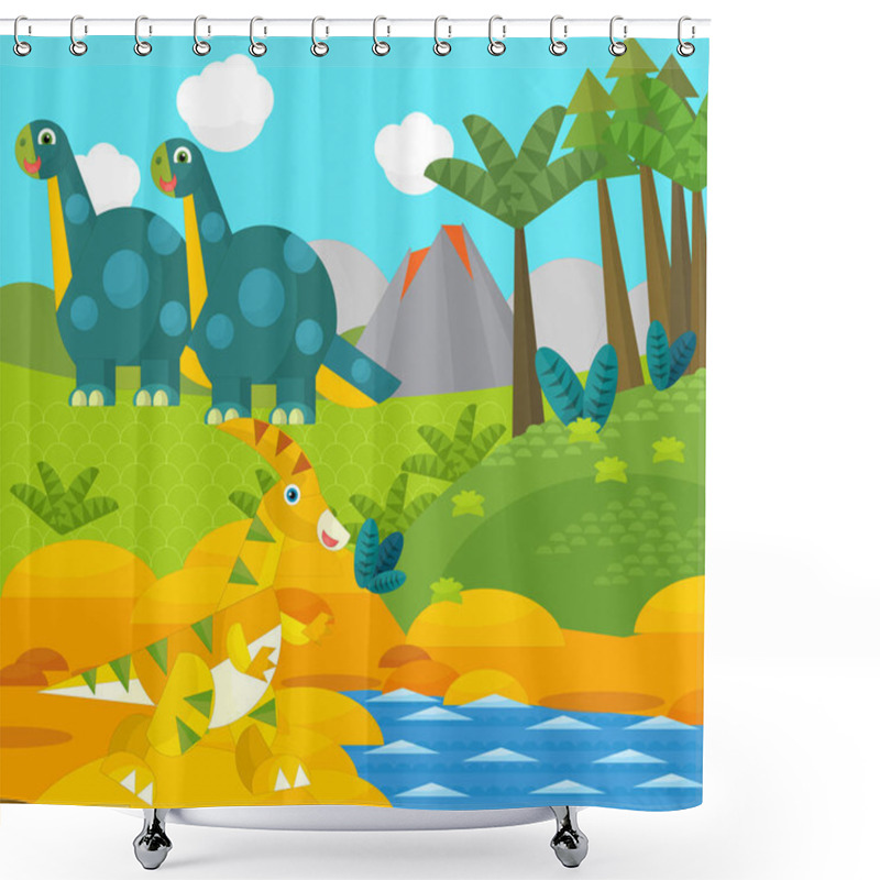 Personality  Cartoon Happy Dinosaur Near Some River And Volcano - Illustration For Children Shower Curtains