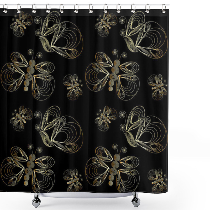 Personality  Black And Golden Pattern With White Butterflies. Shower Curtains