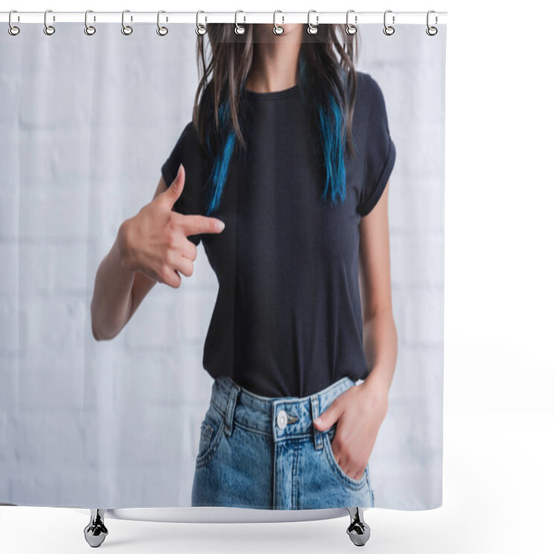 Personality  Cropped Image Of Young Woman Pointing By Finger On Empty Black T-shirt  Shower Curtains