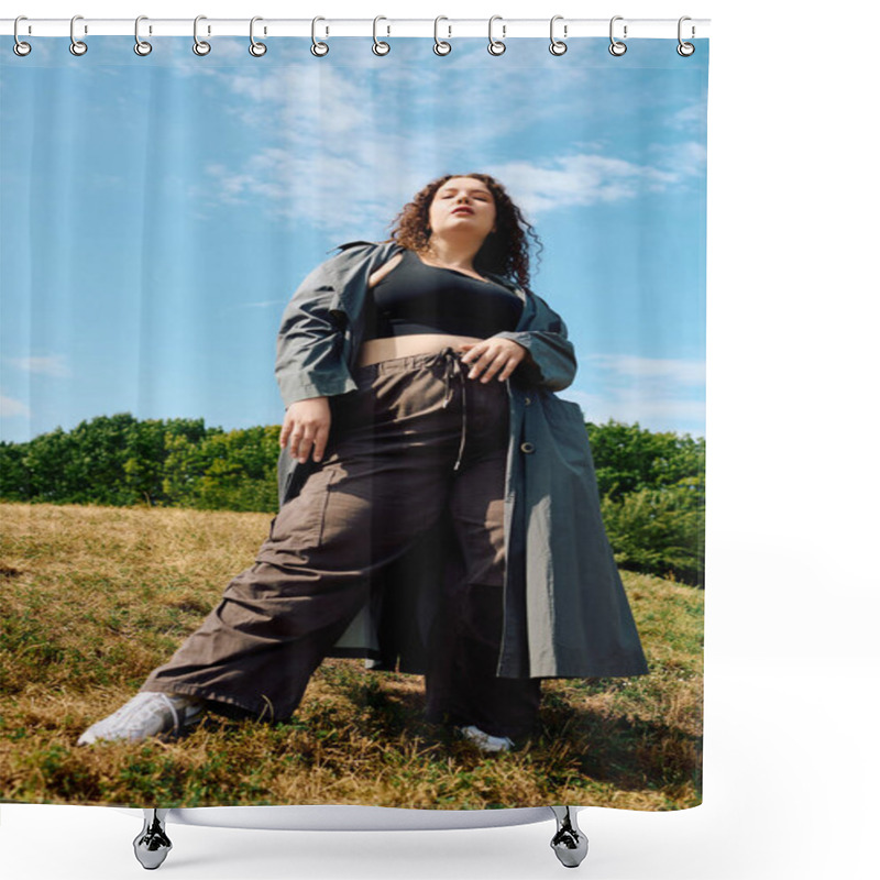 Personality  A Gorgeous Plus Size Woman Stands Proudly In A Lush Field, Basking In The Suns Warm Glow. Shower Curtains