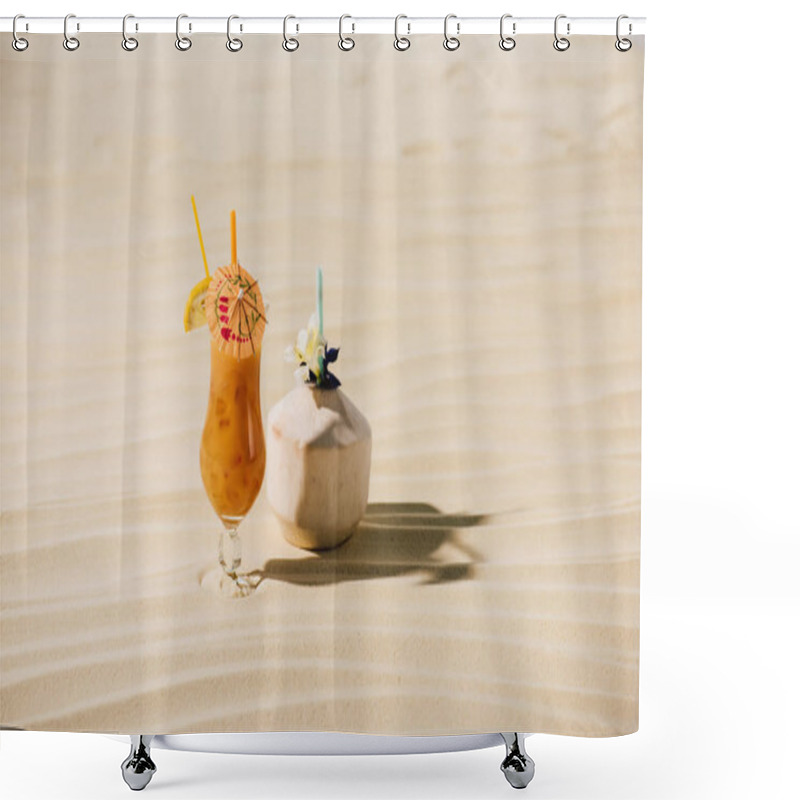 Personality  Cocktail In Coconut With Flower And Cocktail In Glass On Sandy Beach Shower Curtains