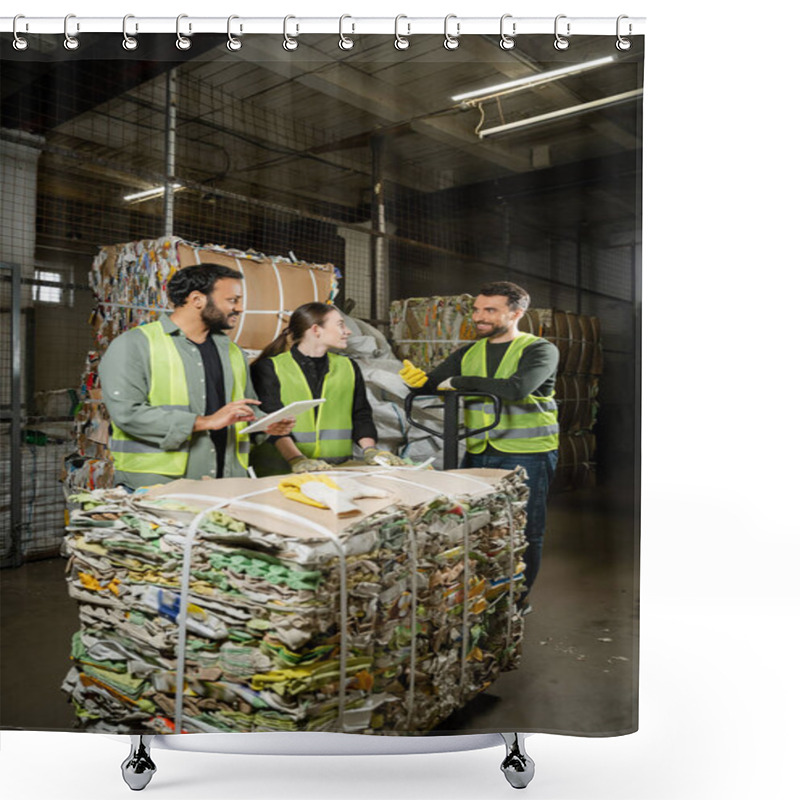 Personality  Cheerful Sorter In Protective Vest And Gloves Talking To Interracial Colleagues With Digital Tablet And Waste Paper On Hand Pallet Truck In Waste Disposal Station, Garbage Recycling Concept Shower Curtains