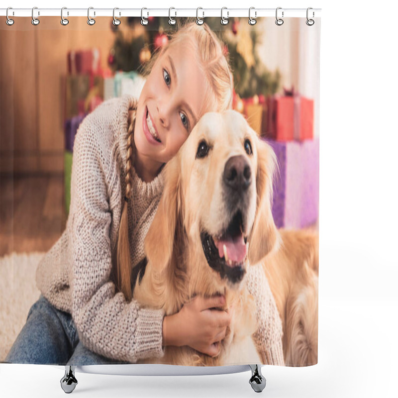 Personality  Smiling Kid Hugging Golden Retriever Dog And Sitting Near Christmas Tree   Shower Curtains