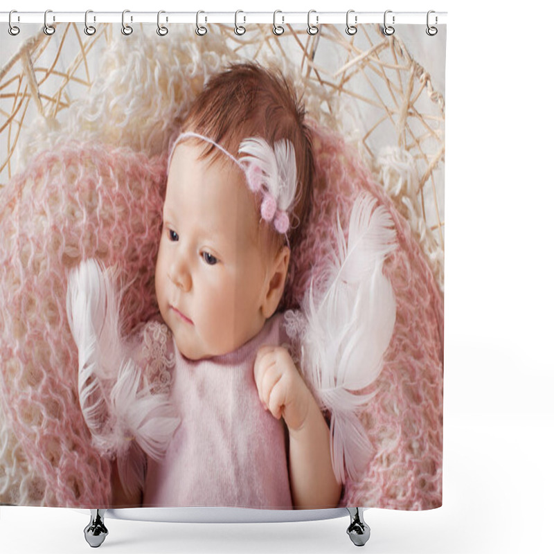 Personality  Sweet Newborn Baby Girl With Open Eyes. Newborn Girl 3 Weeks Old Lying In A Basket With Knitted Plaid. Portrait Of Pretty  Newborn Girl. Closeup Image Shower Curtains