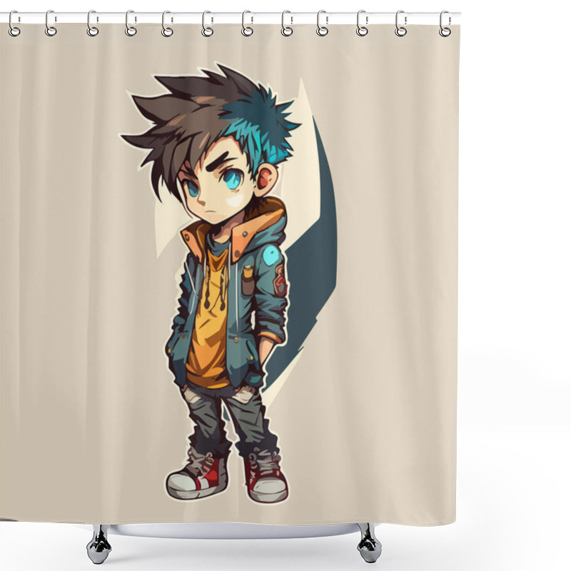 Personality  Young Man Anime Style Character Vector Illustration Design. Manga Anime Boy Black Hair Faces Cartoon . Face Young Man Anime Style Character Vector Illustration Design. Boy Anime Male Manga Cartoon Shower Curtains