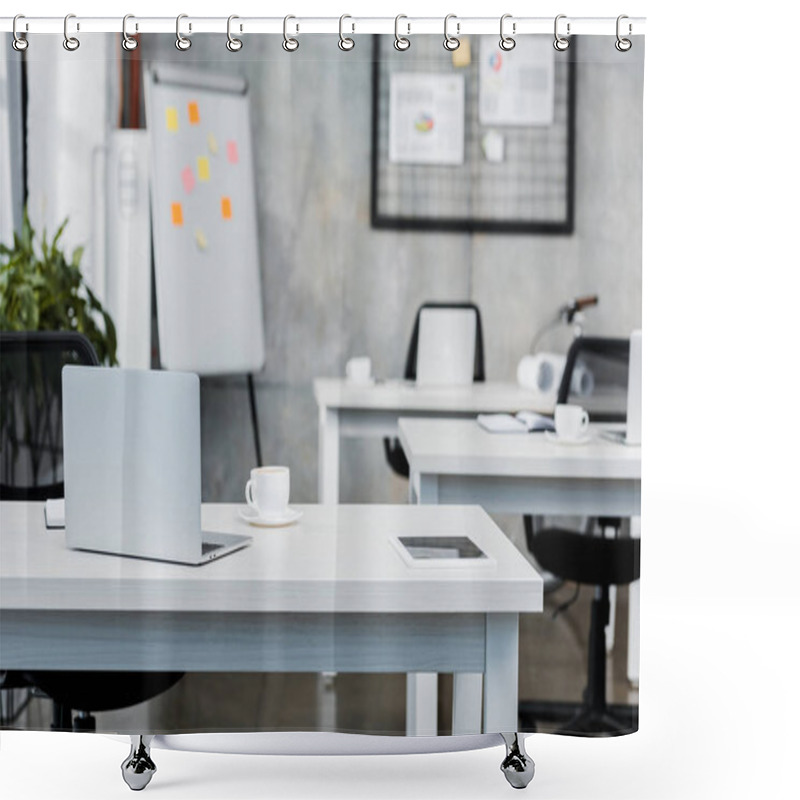 Personality  Cup Of Tea And Laptop On Table In Office Shower Curtains