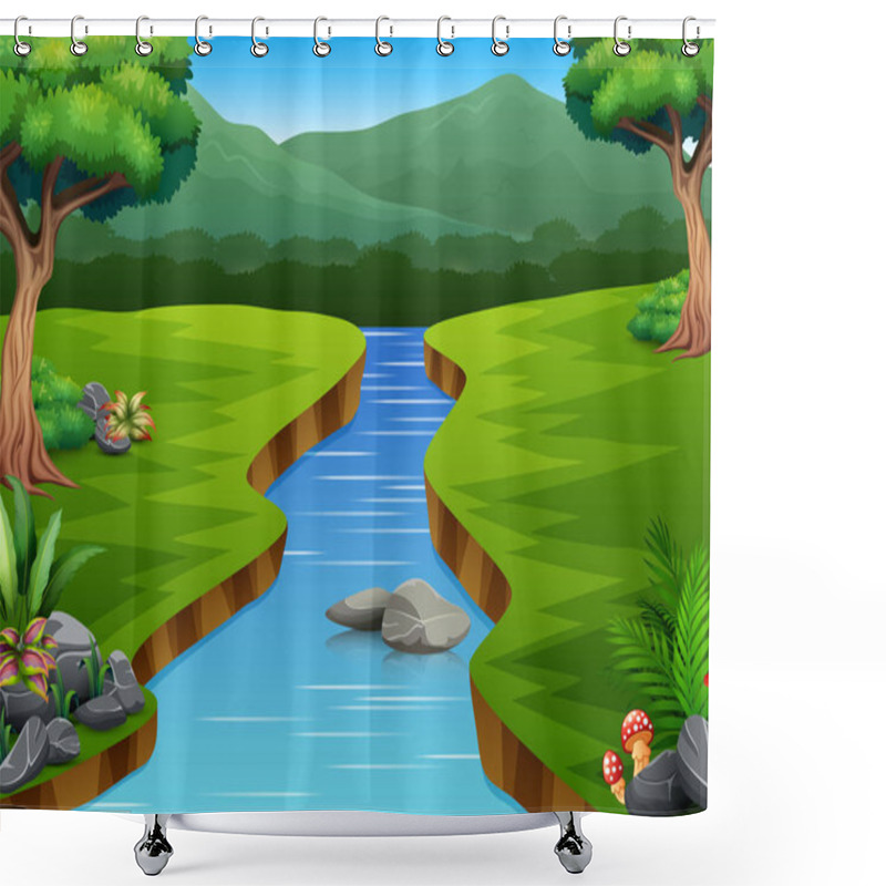 Personality  River Cartoons In The Middle Beautiful Natural Scenery Shower Curtains