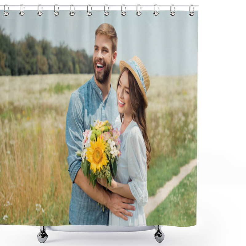 Personality  Portrait Of Smiling Man Hugging Girlfriend With Bouquet Of Wild Flowers In Summer Field Shower Curtains