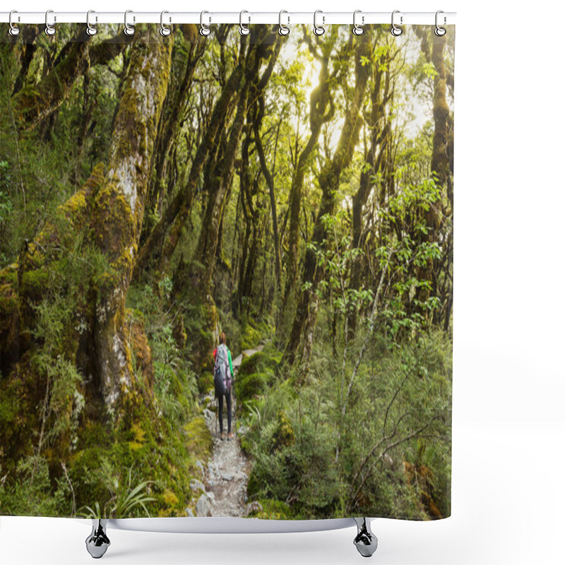 Personality  Woman Hiker With Backpack Walking In Native Beech Forest On Rout Shower Curtains