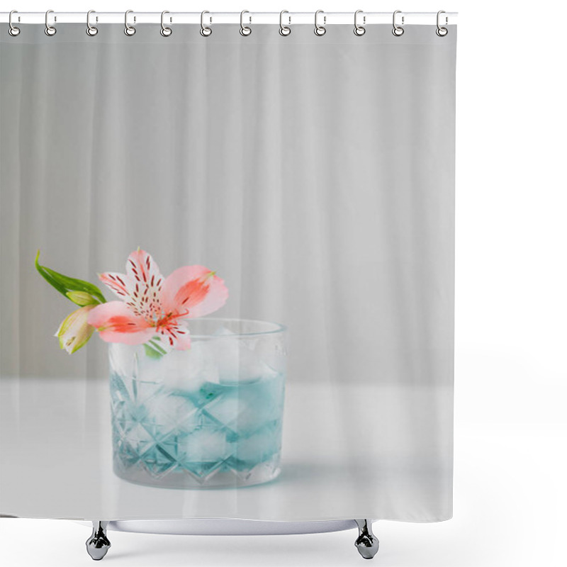 Personality  Pink Alstroemeria Flower In Glass With Iced Tonic On White Surface Isolated On Grey Shower Curtains