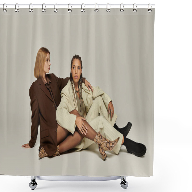 Personality  A Young Couple In Stylish Autumn Attire Share A Warm Moment While Seated Together. Shower Curtains