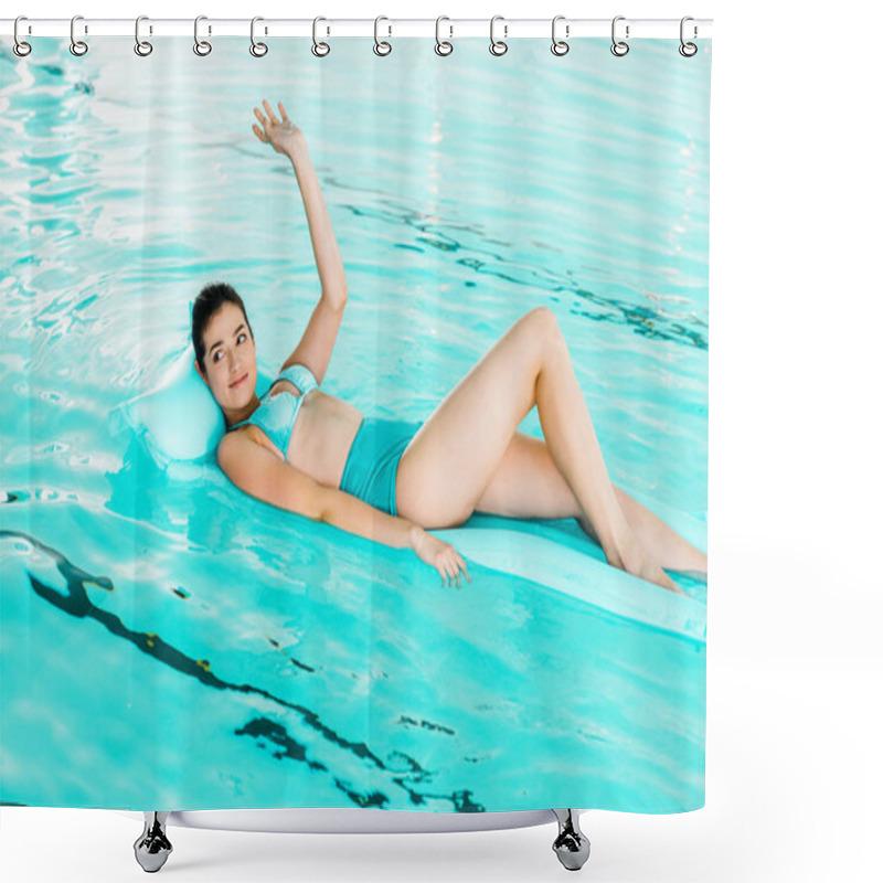 Personality  Attractive Woman Swimming On Floating Mattress In Turquoise Swimsuit And Waving Hand Shower Curtains