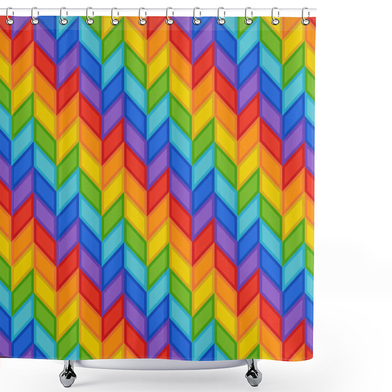 Personality  Geometric Seamless Pattern Of Rainbow Stripes Of Blue, Orange, Red, Green, Violet, Yellow Rhombs. Continuous Symmetric Colorful Background Of Simple Geometric Figures. Shower Curtains