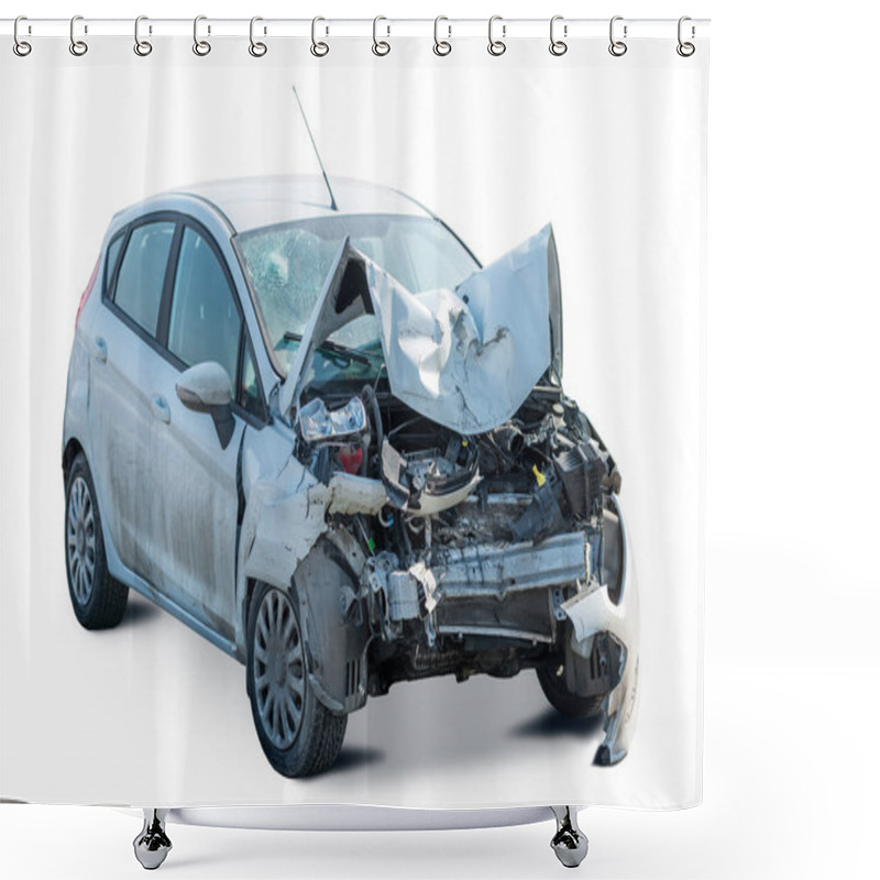 Personality  Front View Of A Broken Car After An Accident Isolated On White B Shower Curtains