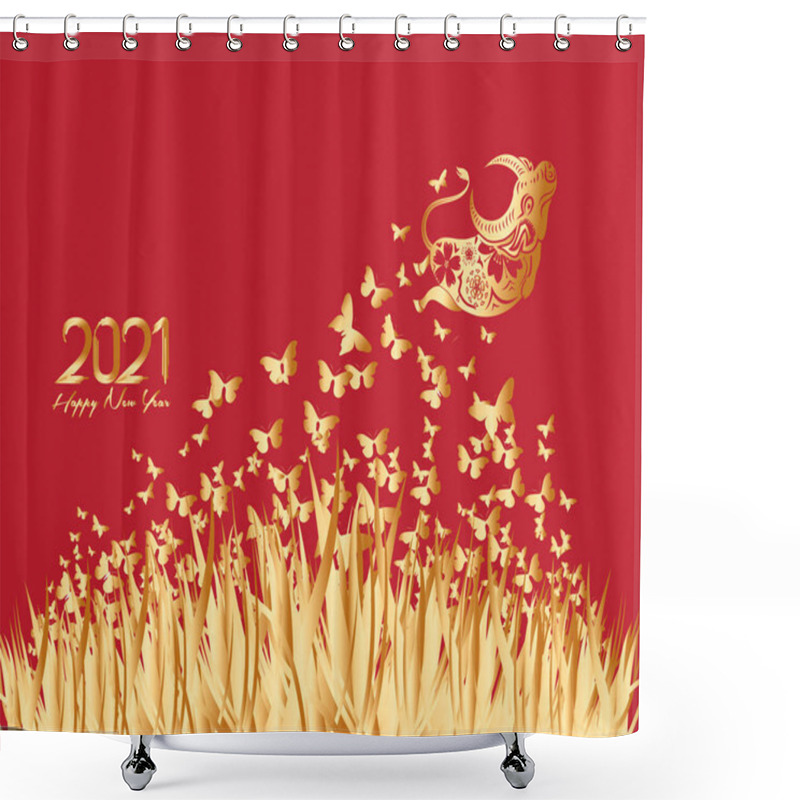 Personality  2021 Chinese New Year Vector Illustration With Flowers And Butterflies, Chinese Typography Happy New Year, Ox. Gold On Red. Concept Holiday Card, Banner, Poster, Decor Element Shower Curtains