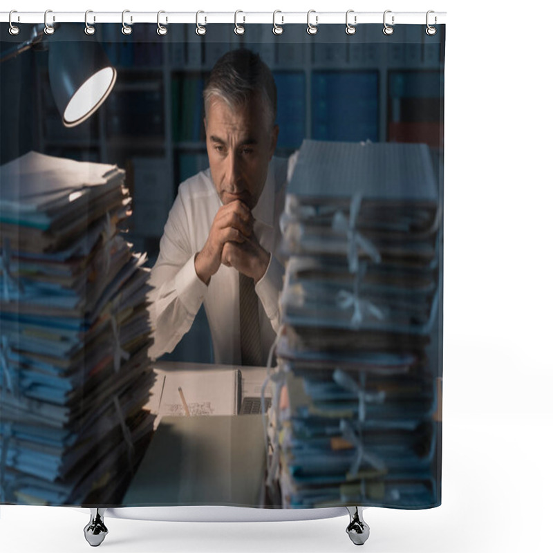 Personality  Exhausted Businessman Working In Office Shower Curtains