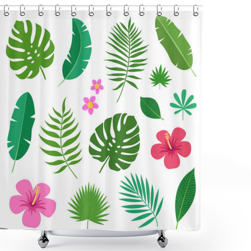 Personality  Set Of Tropical Exotic Plants Leaves And Flowers Of Plumeria And Hibiscus Isolated On White Background. Vector Illustration Shower Curtains