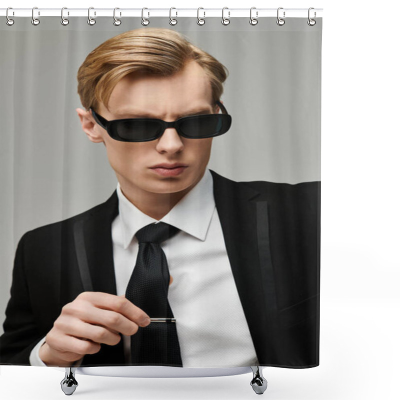 Personality  A Young Handsome Man Dressed In A Tailored Suit Holds A Pen And Exudes Charisma And Sophistication Shower Curtains