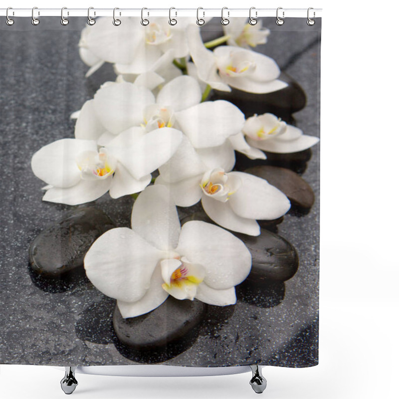 Personality  Spa Stones And White Orchid On Gray Background. Shower Curtains