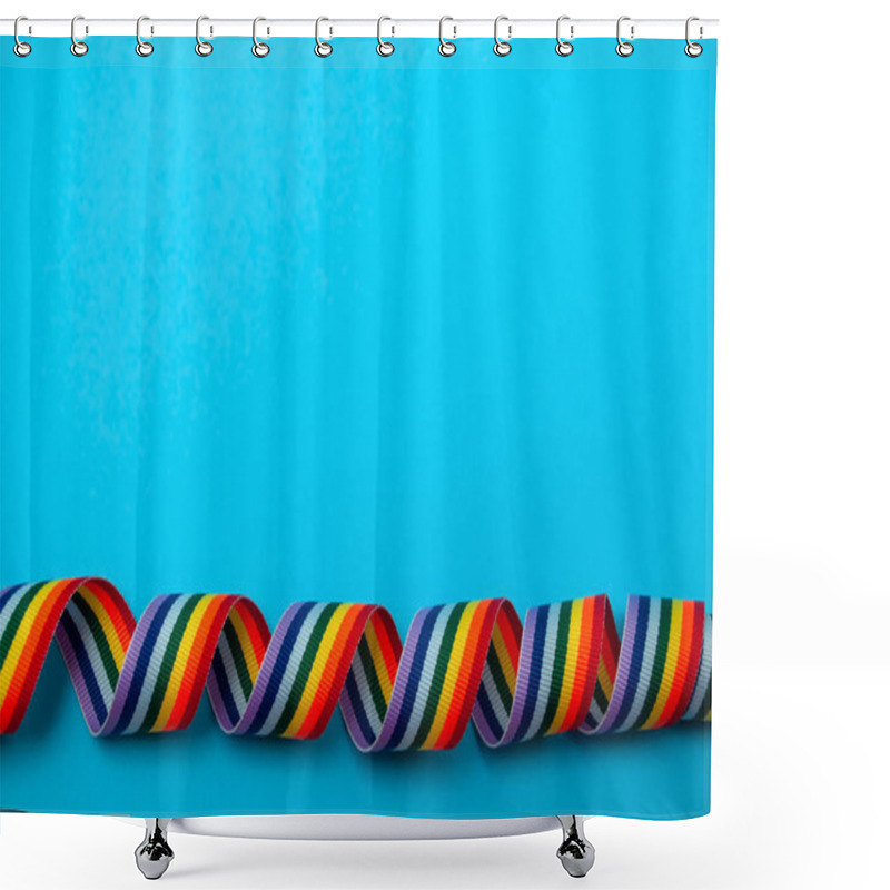 Personality  Spiral Rainbow Ribbon On Blue Background Top View Free Space Shower Curtains