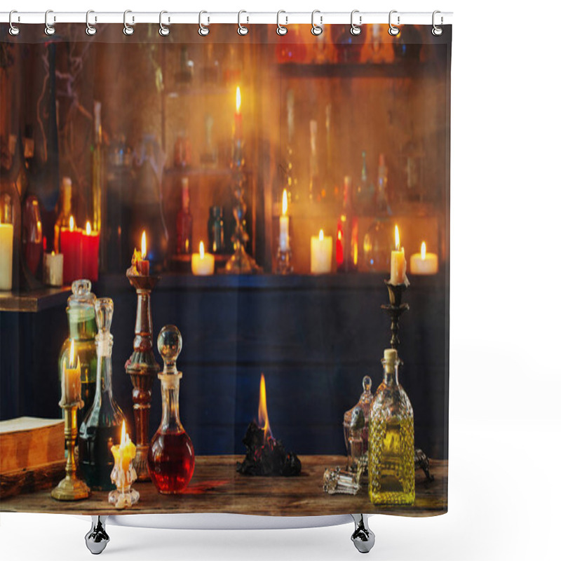 Personality  Magic Potions In Bottles On Wooden Background  Shower Curtains