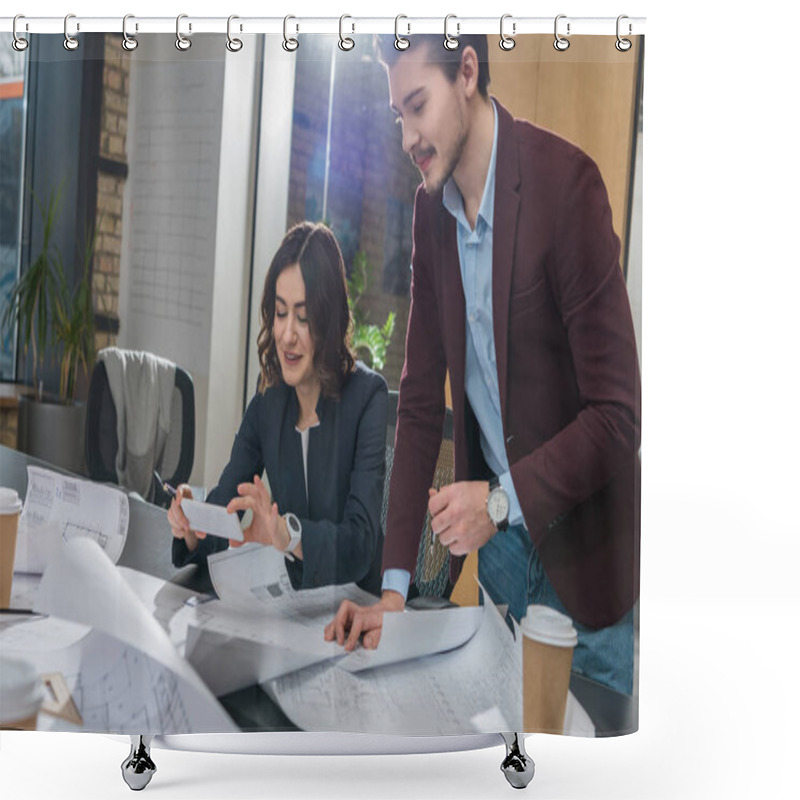 Personality  Young Team Of Architects Working With Building Plans Together At Office Shower Curtains