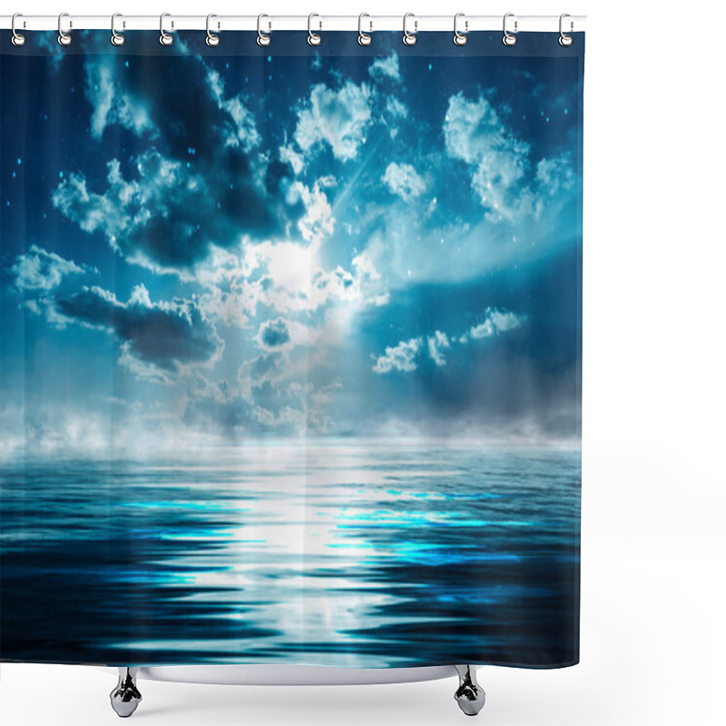 Personality  Night Seascape. Dark Landscape With A Marine Background And Sunset, Moon. Abstract Night Landscape In Blue Light. Reflection Of The Moon In The Night Water. Empty Futuristic Landscape. Shower Curtains