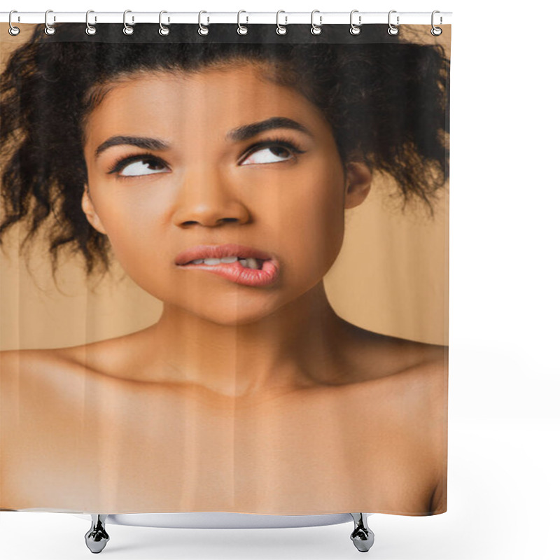 Personality  Thoughtful African American Woman With Bare Shoulders Looking Away Isolated On Beige  Shower Curtains