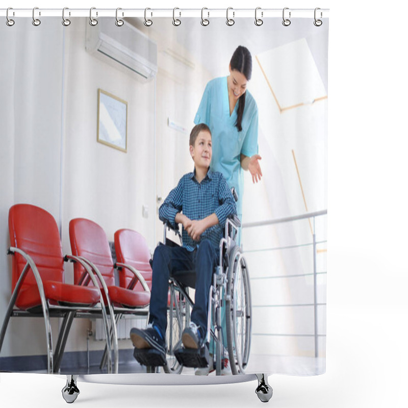 Personality  Young Female Doctor Taking Care Of Little Boy In Wheelchair Indoors Shower Curtains