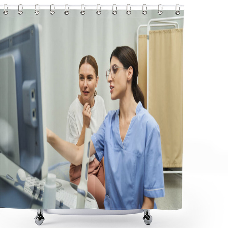 Personality  A Gynecologist Explains Diagnostic Results To A Female Patient In A Contemporary Clinic Setting. Shower Curtains