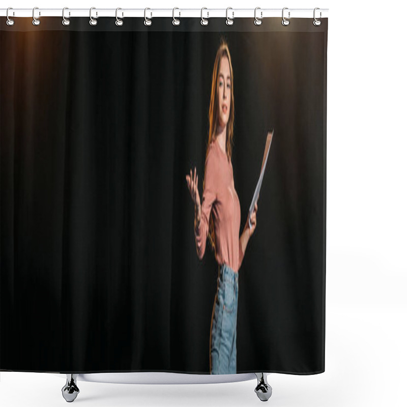 Personality  Panoramic Shot Of Attractive Young Actress With Scenario On Black Shower Curtains