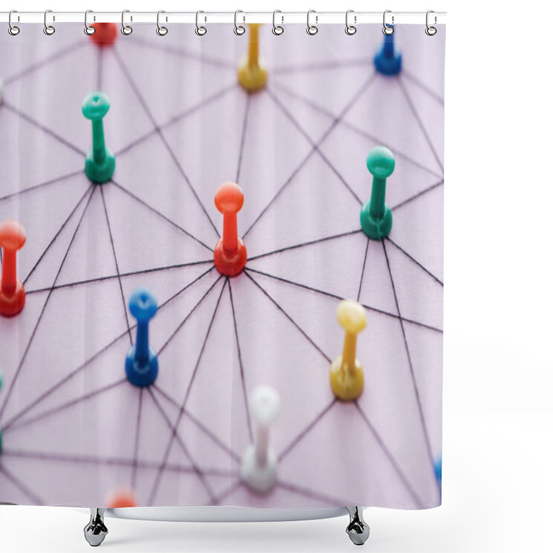 Personality  Selective Focus Of Push Pins Connected With Strings Isolated On Pink, Network Concept Shower Curtains