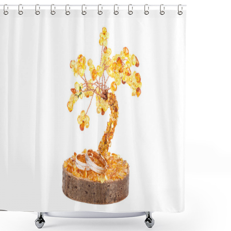 Personality  Amber Tree Of Happiness And Wedding Rings Isolated On White Back Shower Curtains