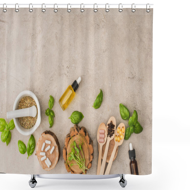 Personality  Top View Of Herbs, Green Leaves, Mortar With Pestle, Bottles And Pills In Wooden Spoons On Concrete Background, Naturopathy Concept Shower Curtains