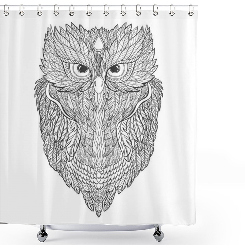 Personality  Illustration Owl On Forest Silhouette Background And Star.Hand Drawn Vector.Prints Design For T-shirts.Retro Old Style. Vintage Hands With Old Fashion Tattoos. Bird Symbol. Shower Curtains